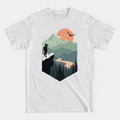 Vast Views - Mountains - T-shirt Mountain Cliff, Mountain Shirts, Travel Tshirt, Cool Shirt Designs, Unique T Shirt Design, T Shirt Painting, Tshirt Design Inspiration, Mountain Shirt, Shirt Business