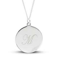 Bring Personalized panache to any look with this simple yet chic engravable disc pendant in silver. Fashioned in sterling silver This small round disc showcases your single initial - inscribed in an artful cursive font at the center. The pendant suspends along an 18.0-inch curb chain that secures with a spring-ring clasp. Classic Round Pendant Initial Necklace For Anniversary, Classic Necklaces With Initials On Round Pendant, Classic Round Pendant Necklace With Initials, Classic Round Pendant Jewelry With Initials, Classic Personalized Necklace With Round Pendant, Classic Initial Necklace With Round Pendant For Personalized Gift, Classic Round Pendant Initial Necklace As Personalized Gift, Classic Personalized Round Pendant Necklace, Classic Round Pendant Initial Necklace For Personalized Gift