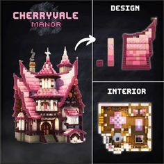 the instructions for how to make a pixel art house with pink and white paint on it