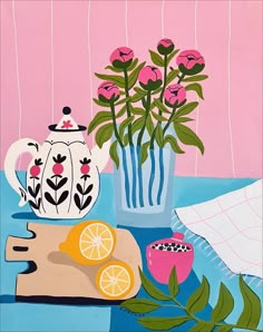 a painting of flowers in a vase, lemons and a teapot on a table