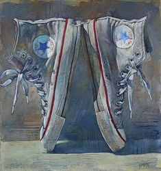 a painting of a pair of shoes with laces on the bottom and one shoe in the middle