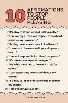 Looking for affirmations to help stop people pleasing? Discover 10 daily affirmations designed specifically for people pleasers. These powerful statements will help you regain control over your life and boost your self-worth. Start your journey to set boundaries and take care of your needs first. Click to read the full article on 10 affirmations that will empower you to stop people pleasing every day! Stop Being Reactive, Stop People Pleasing Affirmations, How To Stop People Pleasing, Boundaries Affirmations, Over Sharing, Eft Technique, Stop People Pleasing, 10 Affirmations, Powerful Statements