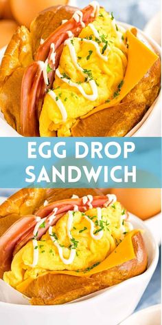 an egg drop sandwich in a white bowl