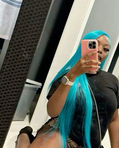 Aqua Wigs For Black Women, Blue Wig Ideas, Teal Wig Install, Lace Wig Colors, Baby Blue Wigs For Black Women, Blue Frontal Wig Hairstyles, Hair Color Ideas Wigs, Exotic Wig Colors, Blue Wig Black Women