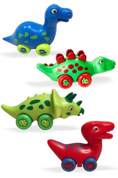 four toy dinosaurs are shown in different colors