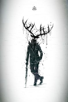 a man walking down a street with a deer's head on his head and an arrow in his hand