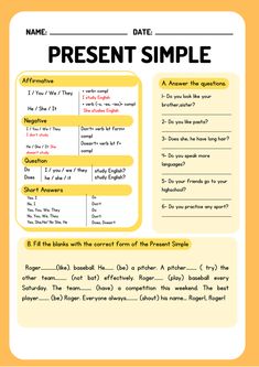 the present simple worksheet is shown in yellow and white with black writing on it