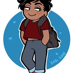 a cartoon boy with a backpack standing in front of a blue and white circular background