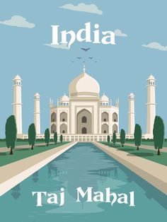 an illustration of the taj maal in india with water and trees around it