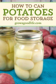 two mason jars filled with potatoes on top of a blue cloth next to red potatoes