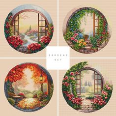 four different pictures of windows with flowers and trees in them, each one has an open window