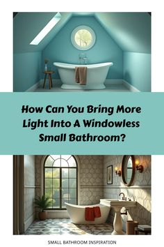 Bright small bathroom with glass brick wall and large circular mirror Small Bathroom Wall Art, Bathroom Without Windows, Outdoor Living Deck