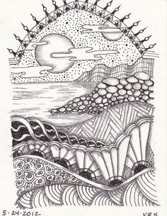 a black and white drawing of an ocean scene with mountains, waves and sun in the background