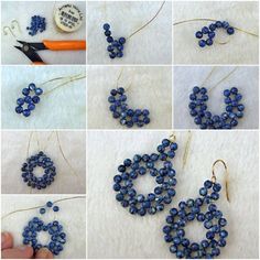 the instructions to make beaded earrings are shown in several different pictures, including beads and thread