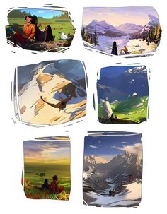 four different images of people sitting in the mountains