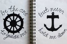 two notebooks with handwritten words and an anchor on the front one is black and white