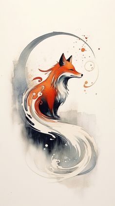 a painting of a red fox sitting on top of a white moon with swirls