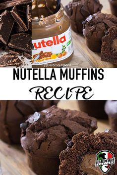 nutella muffins are stacked on top of each other with the words nutella muffins recipe below