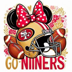 a minnie mouse with a football helmet on it's head and the words go niners