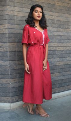 "Boho dress for women, Red linen dress, Bohemian dress, Linen maxi dress, Linen kaftan, Made to order, Custom made, Plus size -Model height: 5'3\" wearing size S -Length: 45\" neckline has sequins work inspired by motif of Mughal art and embroidery. This kind of embroidery is called maggam. **Note: Free Shipping time 15-21 days. Express Shipping time 5-7 days.**" Traditional Red Maxi Length Dresses, Traditional V-neck Maxi Dress For Summer, Traditional Red Tunic Maxi Dress, Cotton Maxi Dress For Festival, Bohemian Ankle-length Cotton Dresses, Red Traditional Maxi Dress, Festive Red Tunic Dress, Casual Red V-neck Kaftan, Festive V-neck Cotton Dress