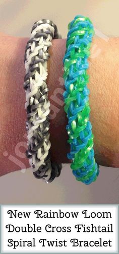 two rainbow loom bracelets on someone's arm with the text new rainbow loom double cross fishtail spiral twist bracelet