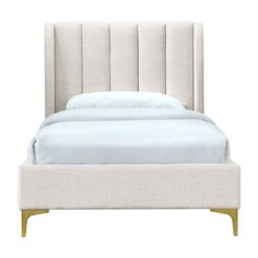 an upholstered bed with white linens and wooden legs, against a white background