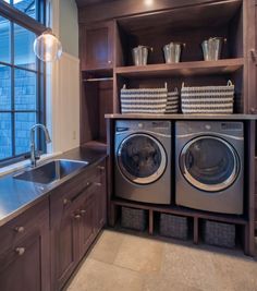 a collage of pictures with different appliances and washer dryers in the same room