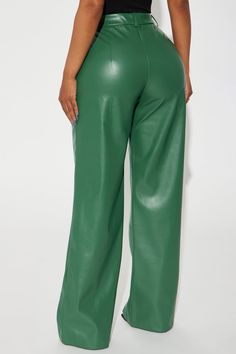 Available In Black And Hunter. Trouser Pant High Rise Button Zipper Closure Front Pleating Hand Pockets Wide Leg Faux Leather Non Stretch Coating: 100% Polyurethane Base Fabric: 100% Polyester Imported | Nia Faux Leather Trouser in Hunter size Small by Fashion Nova Leather Trousers, Bottom Clothes, Trouser Pants, Bottoms Pants, Fashion Nova, Wide Leg, High Rise, Pants For Women, Faux Leather