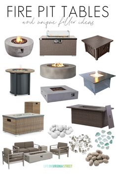 the fire pit tables and lounges are all different styles