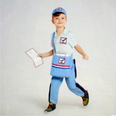 a young boy dressed up as a mail man