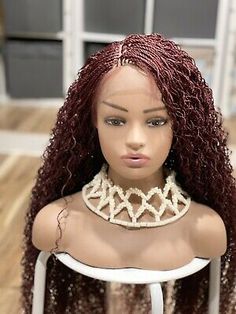 Braided wig. Curly Wig. Length Is 24inches Long.color .burgundy Lace Frontal Wig | eBay Burgundy Micro Braids, Braided Twists, Wavy Hair With Braid, Burgundy Wig, Braided Wigs For Black Women, Cornrow Wig, Braids Styling, Real Wigs, Braid Inspiration