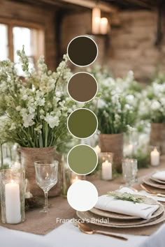 the table is set with white flowers, candles and place settings for an elegant dinner