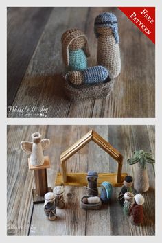 two pictures of small knitted nativity items on a wooden table with text overlay that says free pattern