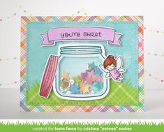 a card with a jar full of tiny toys and a fairy on the front that says, you're sweet