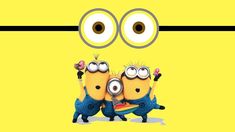 three minion characters standing next to each other in front of a yellow background with eyeballs