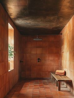 Warm Terra Cotta Shower Inspiration Terracotta Small Bathroom, Terracotta Shower Tile, Tiled Walls In Bathroom, Lisbon Bathroom, Terra Cotta Aesthetic, Terracotta Bathroom Walls, Earthy Bathrooms