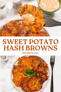 sweet potato hash browns on a white plate with a fork and bowl of dipping sauce