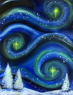 an acrylic painting of the night sky with stars and trees