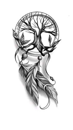 a black and white drawing of a tree with a dream catcher hanging from it's side