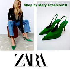 Zara Slingback Heeled Shoes Out Of Stock ~Size 6 1/2 ~High-Heeled Fabric Slingbacks. ~Squared Vamp Detail. ~Pointed Toe. ~Heel Height 3.7 (9.4 Cm) ~Color Green 100% Polyester Lining 100% Polyurethane Sole 50% Polyurethane Thermoplastic 38% Thermoplastic Elastomer 12% Ethylene Vinyl Acetate Insole 90% Goat Leather 10% Polyester Which Has At Least: Upper 25% Certified Recycled Polyester Sole 30% Certified Recycled Synthetic Rubber Nwt Chic Summer Slingback Pumps For Shopping, Spring Slingback Pumps With Padded Heel, Chic Slingback Pumps For Spring Shopping, Chic Spring Slingback Pumps For Shopping, Trendy High Heel Slingback Pumps For Spring, Chic Green Slingback Sandals For Spring, Green High Heel Slingback Pumps For Summer, Green Slingback Pumps With Ankle Strap, Green Closed Toe Slingback Pumps For Summer