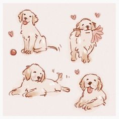 four drawings of dogs with hearts around them