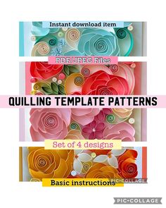 three different paper flowers with the text, quilting template patterns set of 4 designs