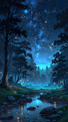 the night sky is filled with stars and lights as well as trees, rocks and water