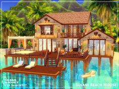 an image of a house on the water with lounge chairs and palm trees in the background