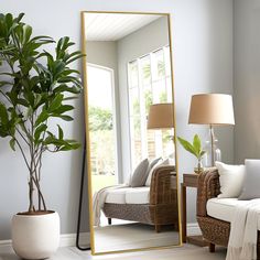 a living room with a couch, chair and large mirror on the wall next to a potted plant