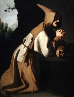 a painting of a man with a skull in his hand and wearing a brown robe