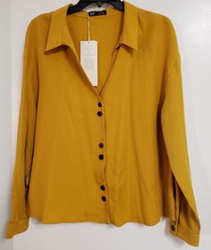 Zara Mustard Yellow Top New With Tag Size Xl 22 Inches Pit To Pit Gold Collared Shirt For Work, Spring Gold Button-up Shirt, Gold Button-up Top For Workwear, Gold Button-up Top For Work, Gold Blouse With Buttons For Work, Yellow Summer Office Shirt, Trendy Yellow Fall Shirt, Trendy Yellow Long Sleeve Shirt, Trendy Long Sleeve Yellow Shirt