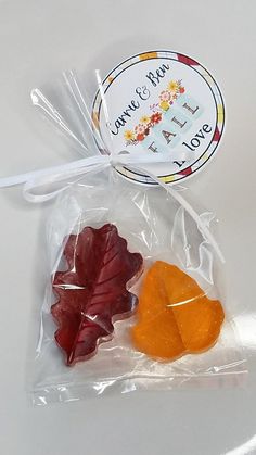 two pieces of fruit sitting in a plastic bag on top of a white countertop