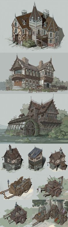 several different types of houses and buildings in various stages of construction, from old to new