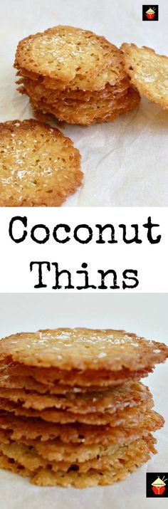 coconut thins are stacked on top of each other with the words, coconut thins